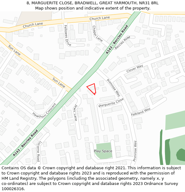 8, MARGUERITE CLOSE, BRADWELL, GREAT YARMOUTH, NR31 8RL: Location map and indicative extent of plot