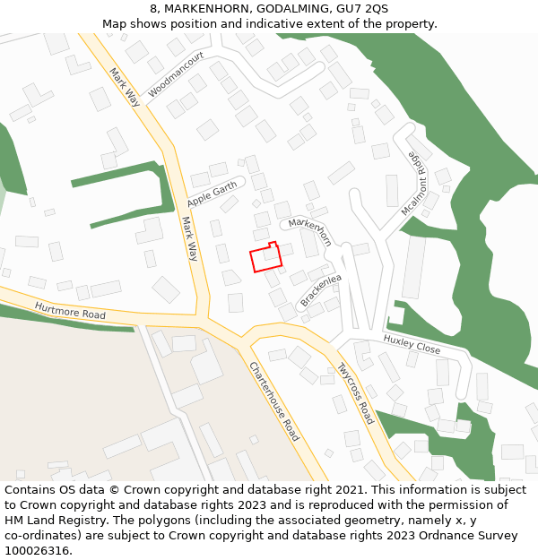 8, MARKENHORN, GODALMING, GU7 2QS: Location map and indicative extent of plot