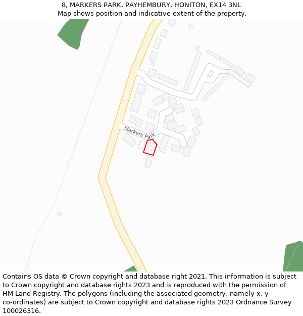 8, MARKERS PARK, PAYHEMBURY, HONITON, EX14 3NL: Location map and indicative extent of plot