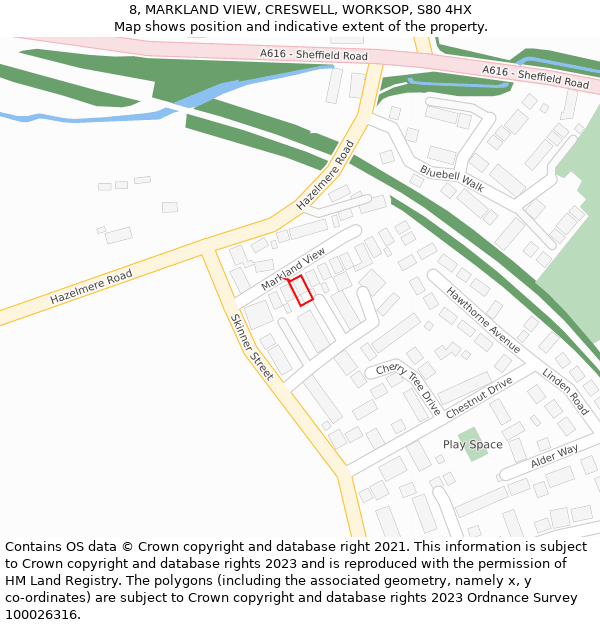 8, MARKLAND VIEW, CRESWELL, WORKSOP, S80 4HX: Location map and indicative extent of plot