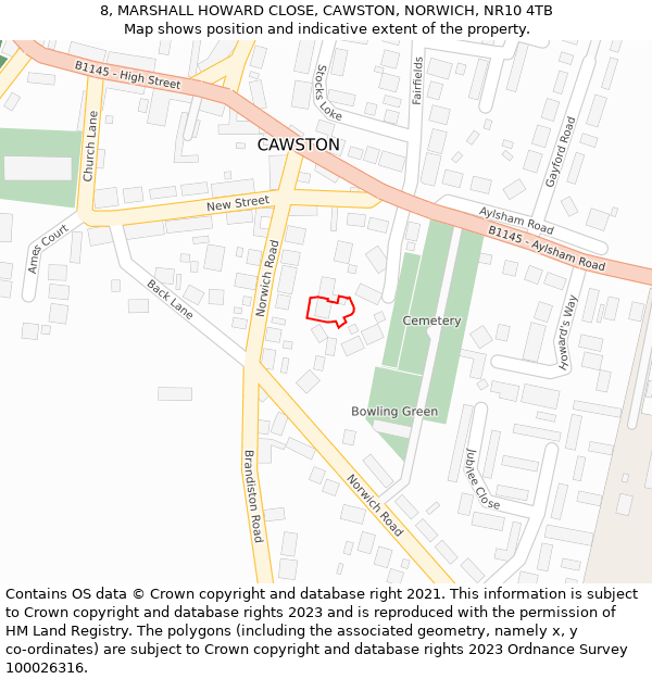 8, MARSHALL HOWARD CLOSE, CAWSTON, NORWICH, NR10 4TB: Location map and indicative extent of plot