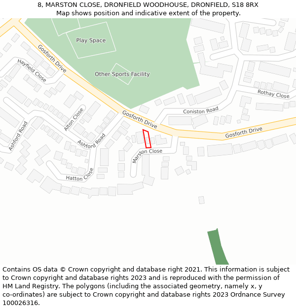 8, MARSTON CLOSE, DRONFIELD WOODHOUSE, DRONFIELD, S18 8RX: Location map and indicative extent of plot