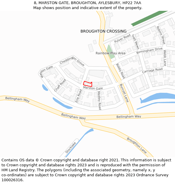 8, MARSTON GATE, BROUGHTON, AYLESBURY, HP22 7AA: Location map and indicative extent of plot