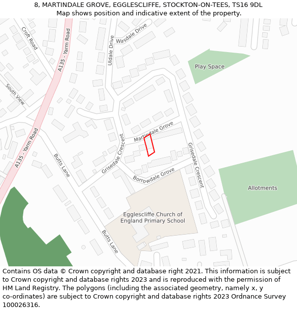 8, MARTINDALE GROVE, EGGLESCLIFFE, STOCKTON-ON-TEES, TS16 9DL: Location map and indicative extent of plot