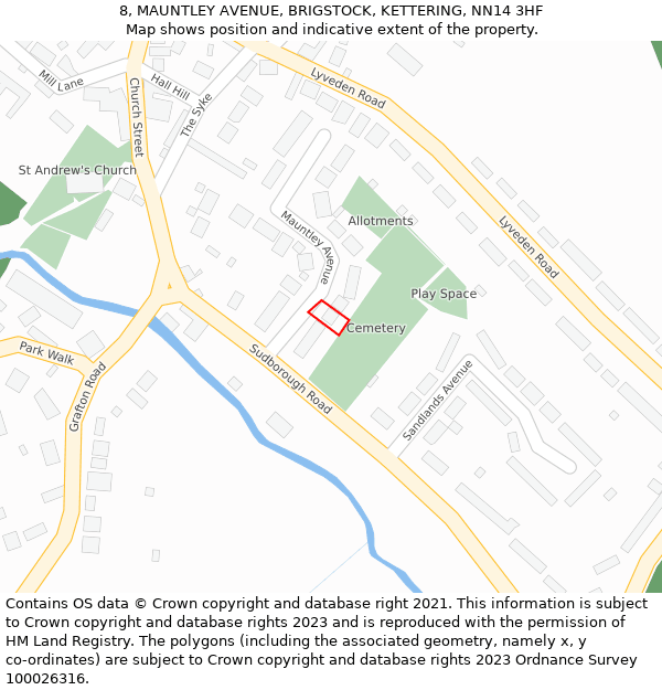 8, MAUNTLEY AVENUE, BRIGSTOCK, KETTERING, NN14 3HF: Location map and indicative extent of plot