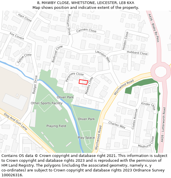 8, MAWBY CLOSE, WHETSTONE, LEICESTER, LE8 6XA: Location map and indicative extent of plot