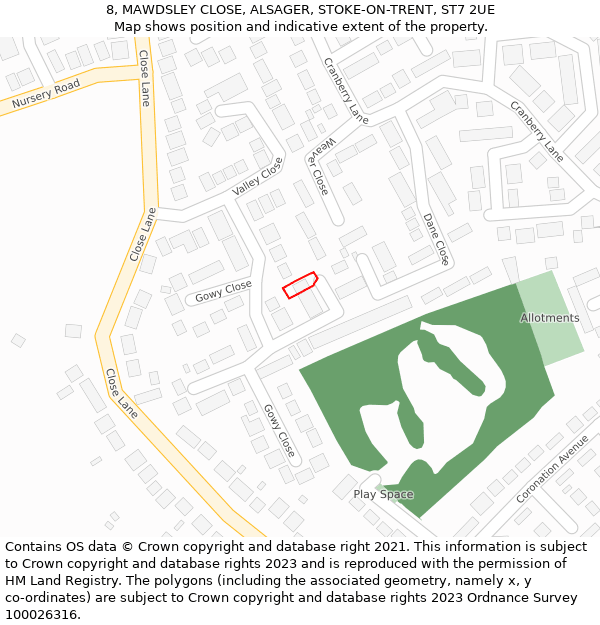 8, MAWDSLEY CLOSE, ALSAGER, STOKE-ON-TRENT, ST7 2UE: Location map and indicative extent of plot