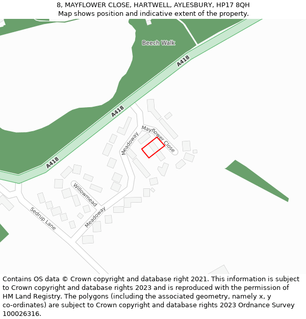 8, MAYFLOWER CLOSE, HARTWELL, AYLESBURY, HP17 8QH: Location map and indicative extent of plot