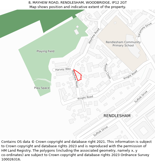 8, MAYHEW ROAD, RENDLESHAM, WOODBRIDGE, IP12 2GT: Location map and indicative extent of plot