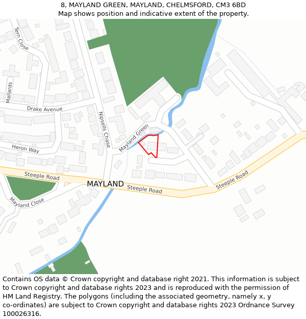 8, MAYLAND GREEN, MAYLAND, CHELMSFORD, CM3 6BD: Location map and indicative extent of plot