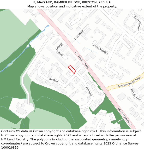 8, MAYPARK, BAMBER BRIDGE, PRESTON, PR5 8JA: Location map and indicative extent of plot