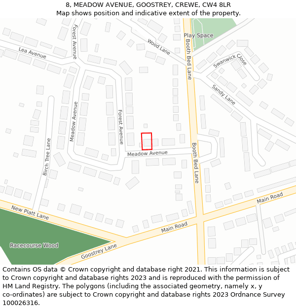 8, MEADOW AVENUE, GOOSTREY, CREWE, CW4 8LR: Location map and indicative extent of plot