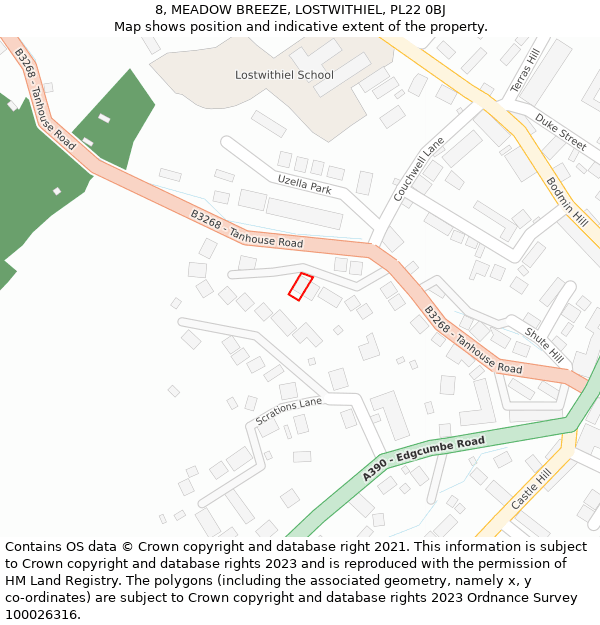 8, MEADOW BREEZE, LOSTWITHIEL, PL22 0BJ: Location map and indicative extent of plot