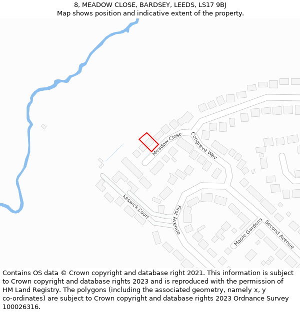 8, MEADOW CLOSE, BARDSEY, LEEDS, LS17 9BJ: Location map and indicative extent of plot