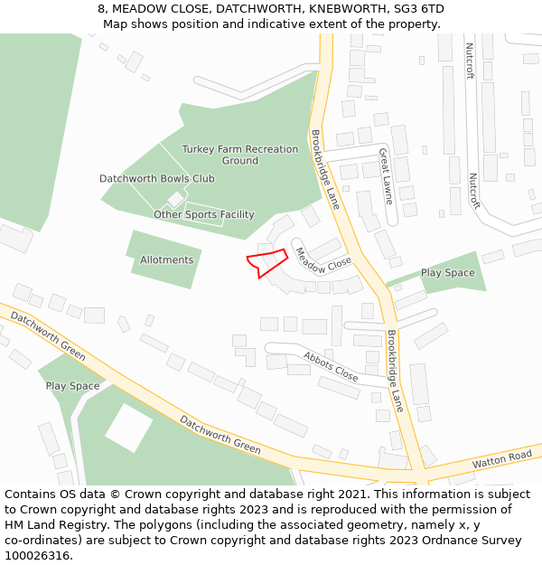 8, MEADOW CLOSE, DATCHWORTH, KNEBWORTH, SG3 6TD: Location map and indicative extent of plot