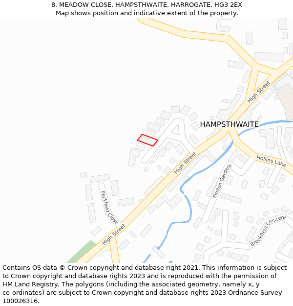 8, MEADOW CLOSE, HAMPSTHWAITE, HARROGATE, HG3 2EX: Location map and indicative extent of plot