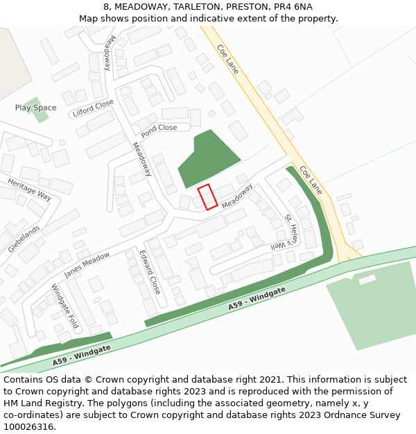 8, MEADOWAY, TARLETON, PRESTON, PR4 6NA: Location map and indicative extent of plot