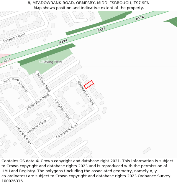 8, MEADOWBANK ROAD, ORMESBY, MIDDLESBROUGH, TS7 9EN: Location map and indicative extent of plot