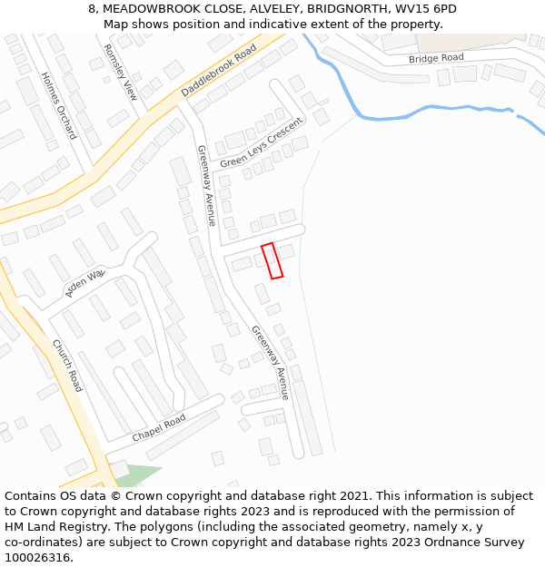 8, MEADOWBROOK CLOSE, ALVELEY, BRIDGNORTH, WV15 6PD: Location map and indicative extent of plot