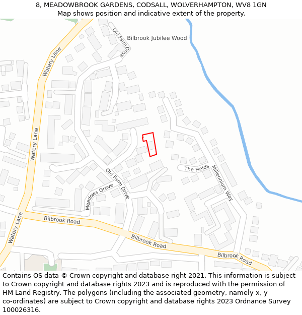 8, MEADOWBROOK GARDENS, CODSALL, WOLVERHAMPTON, WV8 1GN: Location map and indicative extent of plot