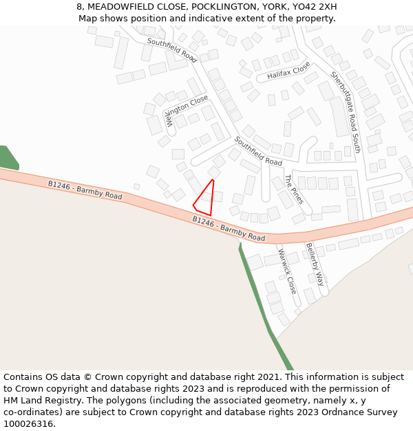 8, MEADOWFIELD CLOSE, POCKLINGTON, YORK, YO42 2XH: Location map and indicative extent of plot