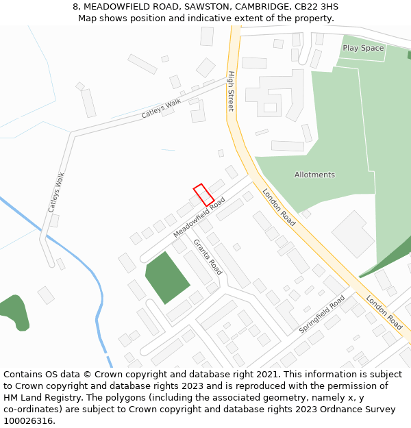 8, MEADOWFIELD ROAD, SAWSTON, CAMBRIDGE, CB22 3HS: Location map and indicative extent of plot
