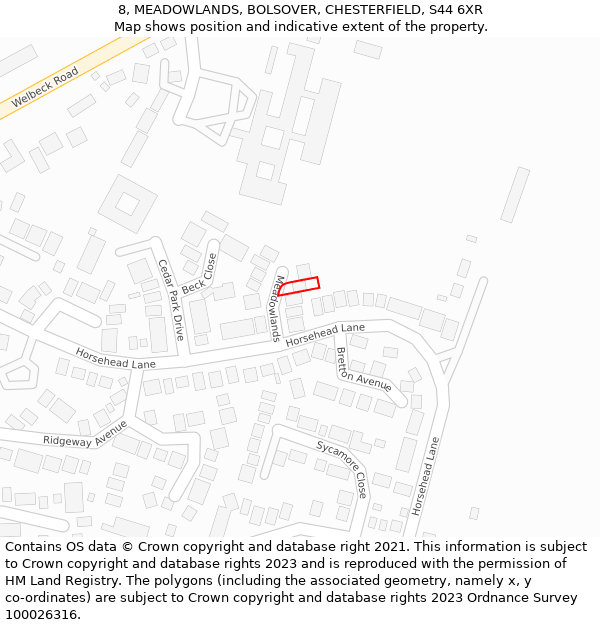 8, MEADOWLANDS, BOLSOVER, CHESTERFIELD, S44 6XR: Location map and indicative extent of plot