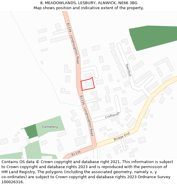 8, MEADOWLANDS, LESBURY, ALNWICK, NE66 3BG: Location map and indicative extent of plot