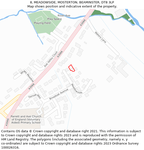 8, MEADOWSIDE, MOSTERTON, BEAMINSTER, DT8 3LP: Location map and indicative extent of plot