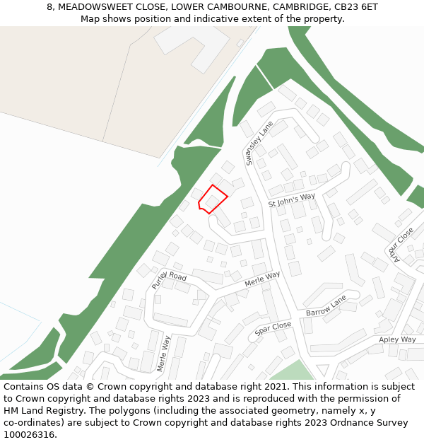 8, MEADOWSWEET CLOSE, LOWER CAMBOURNE, CAMBRIDGE, CB23 6ET: Location map and indicative extent of plot