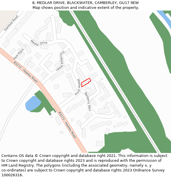 8, MEDLAR DRIVE, BLACKWATER, CAMBERLEY, GU17 9EW: Location map and indicative extent of plot