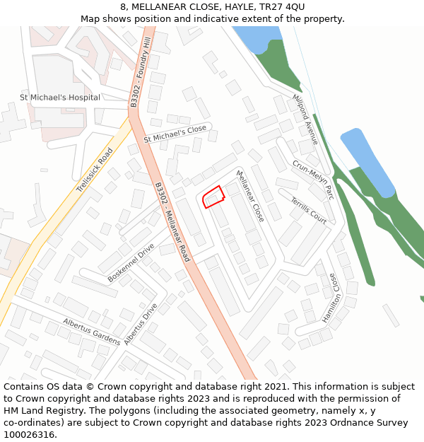 8, MELLANEAR CLOSE, HAYLE, TR27 4QU: Location map and indicative extent of plot