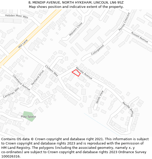 8, MENDIP AVENUE, NORTH HYKEHAM, LINCOLN, LN6 9SZ: Location map and indicative extent of plot