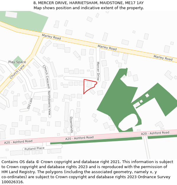 8, MERCER DRIVE, HARRIETSHAM, MAIDSTONE, ME17 1AY: Location map and indicative extent of plot