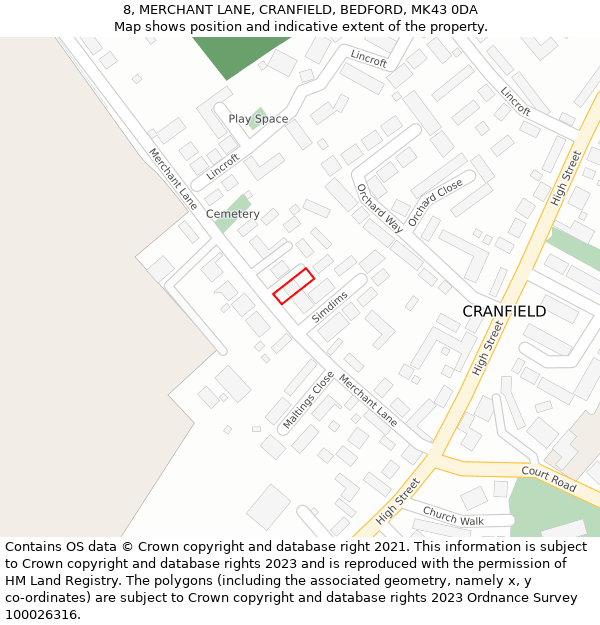 8, MERCHANT LANE, CRANFIELD, BEDFORD, MK43 0DA: Location map and indicative extent of plot