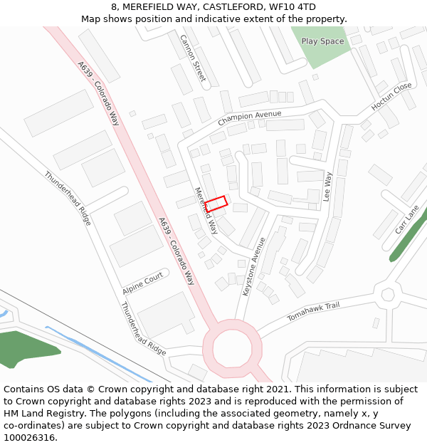 8, MEREFIELD WAY, CASTLEFORD, WF10 4TD: Location map and indicative extent of plot