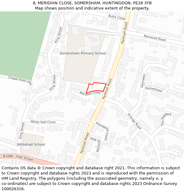 8, MERIDIAN CLOSE, SOMERSHAM, HUNTINGDON, PE28 3YB: Location map and indicative extent of plot