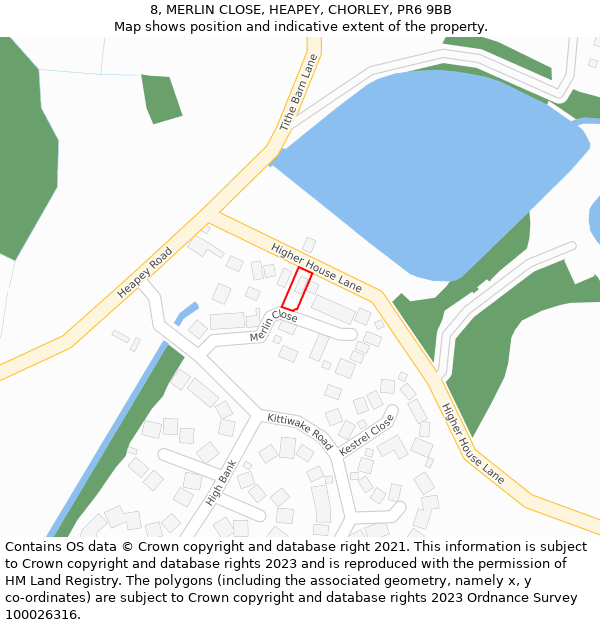 8, MERLIN CLOSE, HEAPEY, CHORLEY, PR6 9BB: Location map and indicative extent of plot