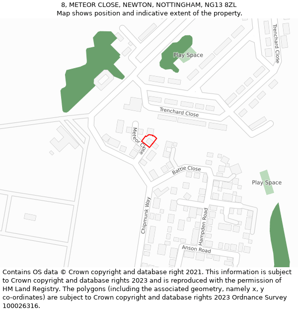 8, METEOR CLOSE, NEWTON, NOTTINGHAM, NG13 8ZL: Location map and indicative extent of plot