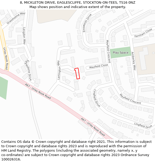 8, MICKLETON DRIVE, EAGLESCLIFFE, STOCKTON-ON-TEES, TS16 0NZ: Location map and indicative extent of plot