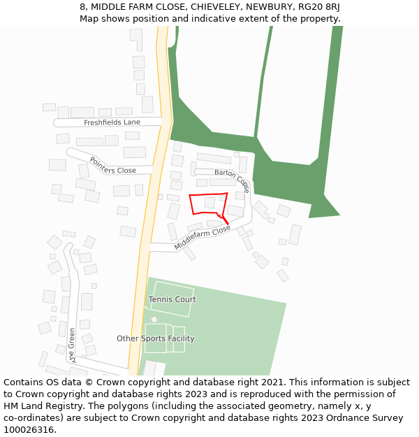 8, MIDDLE FARM CLOSE, CHIEVELEY, NEWBURY, RG20 8RJ: Location map and indicative extent of plot