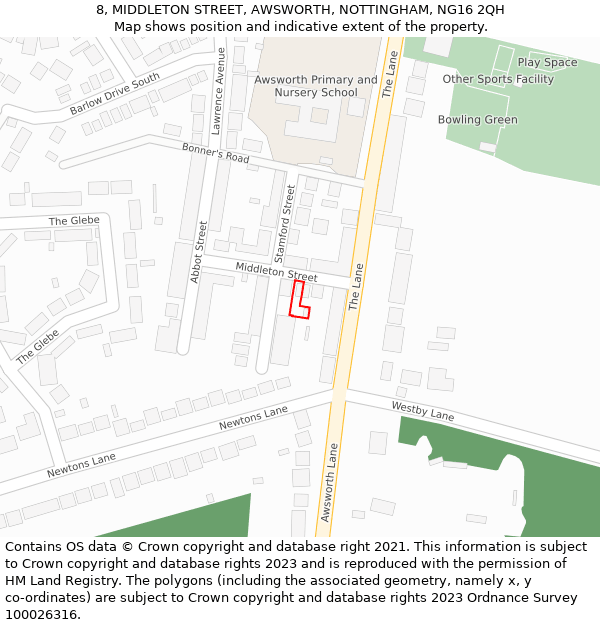 8, MIDDLETON STREET, AWSWORTH, NOTTINGHAM, NG16 2QH: Location map and indicative extent of plot