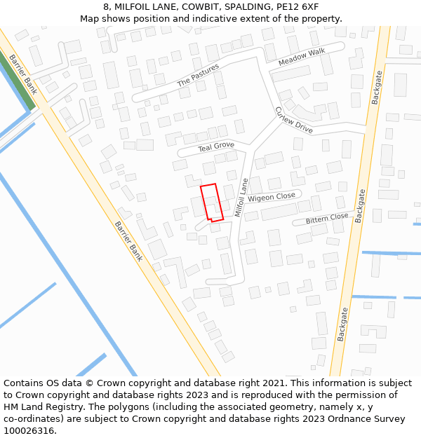 8, MILFOIL LANE, COWBIT, SPALDING, PE12 6XF: Location map and indicative extent of plot