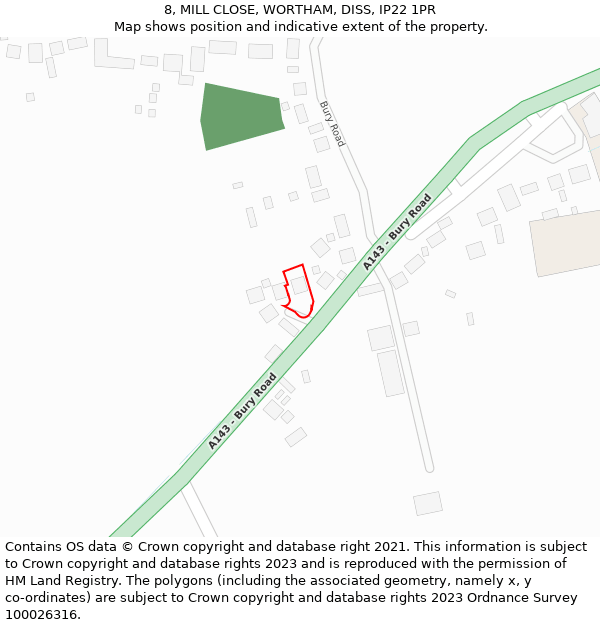 8, MILL CLOSE, WORTHAM, DISS, IP22 1PR: Location map and indicative extent of plot