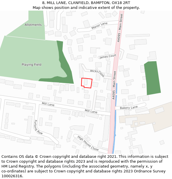 8, MILL LANE, CLANFIELD, BAMPTON, OX18 2RT: Location map and indicative extent of plot
