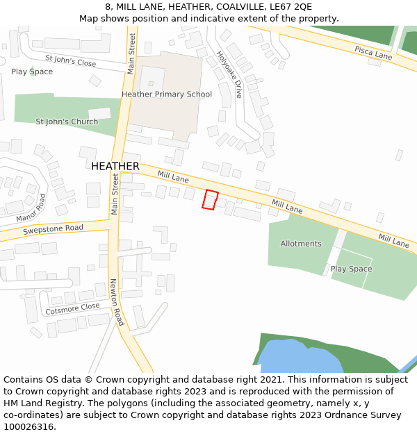 8, MILL LANE, HEATHER, COALVILLE, LE67 2QE: Location map and indicative extent of plot