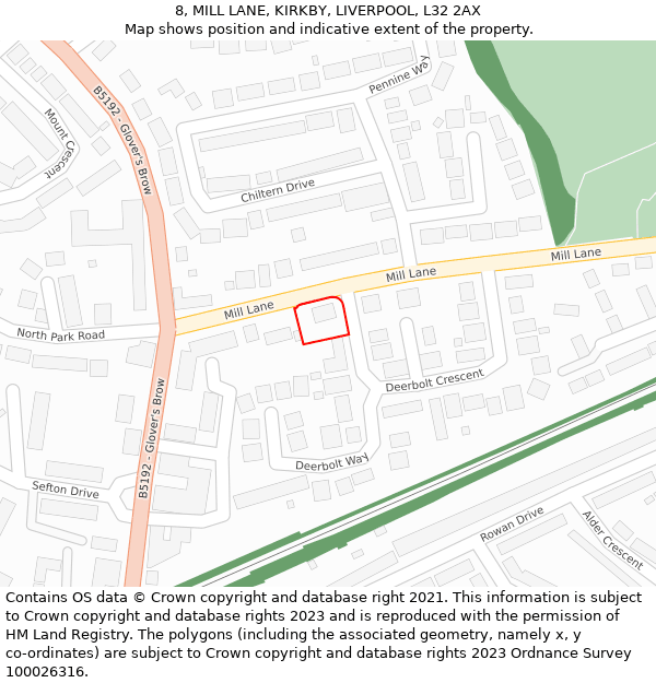 8, MILL LANE, KIRKBY, LIVERPOOL, L32 2AX: Location map and indicative extent of plot