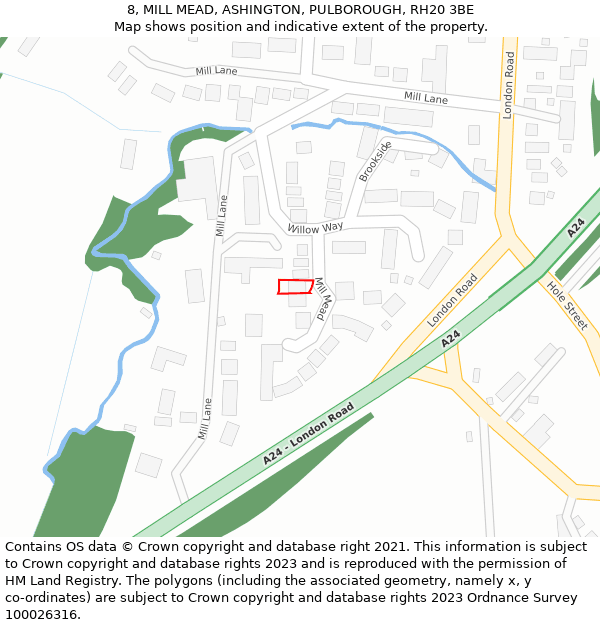 8, MILL MEAD, ASHINGTON, PULBOROUGH, RH20 3BE: Location map and indicative extent of plot