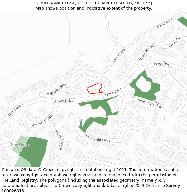 8, MILLBANK CLOSE, CHELFORD, MACCLESFIELD, SK11 9SJ: Location map and indicative extent of plot