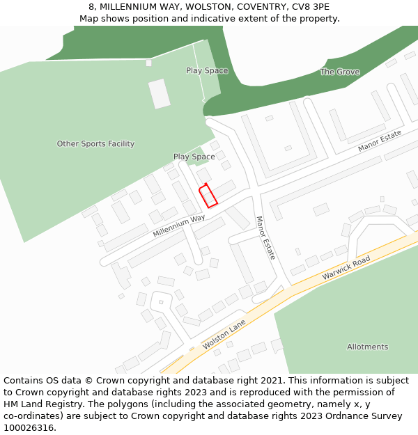 8, MILLENNIUM WAY, WOLSTON, COVENTRY, CV8 3PE: Location map and indicative extent of plot